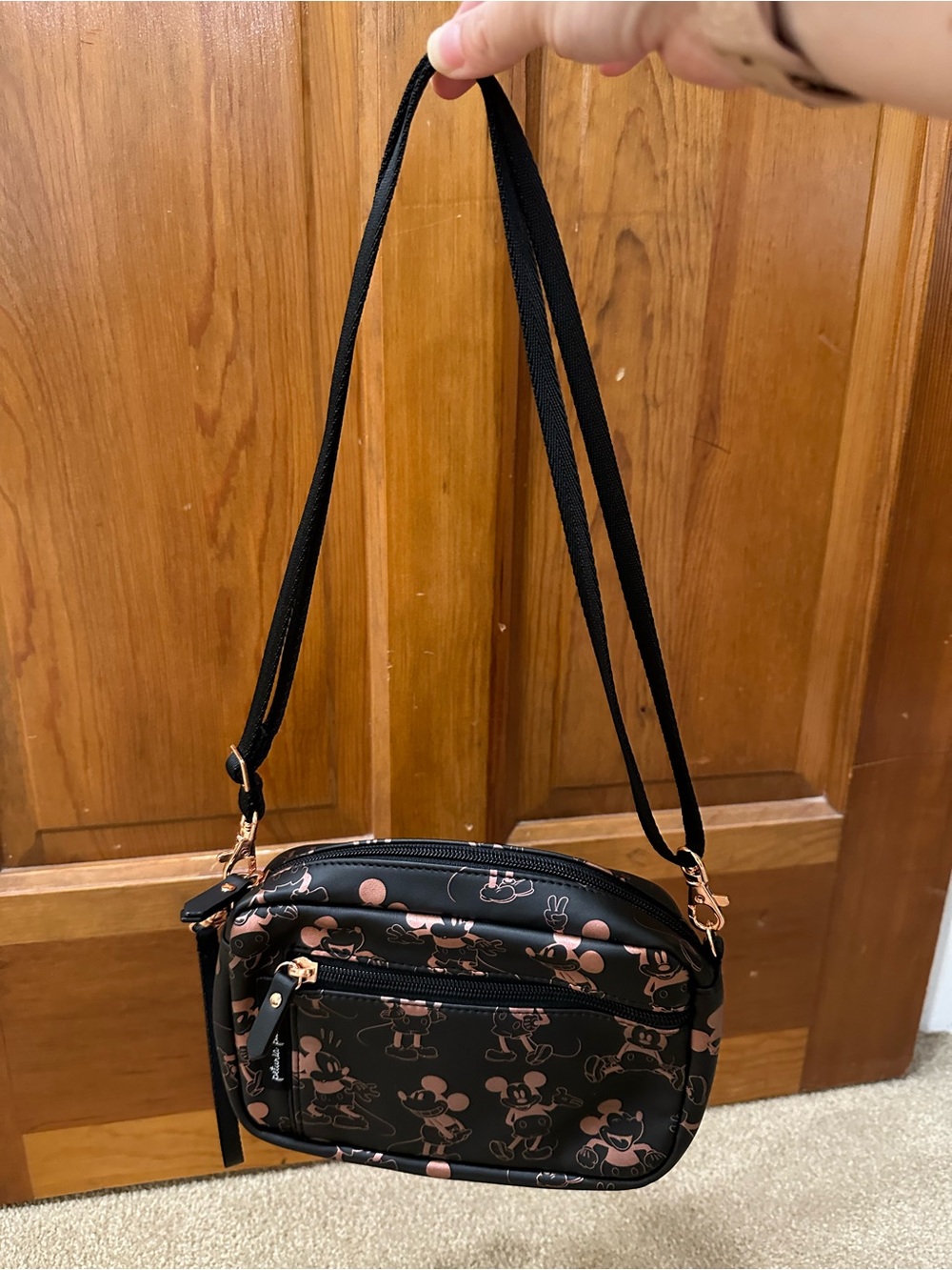 Petunia Pickle Bottom Black Crossbody/Belt Bag with Rose Gold Mickey Print - Picture 2 of 8